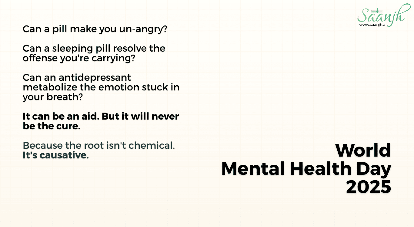 World Mental Health Day 2025 quote by Saanjh – exploring emotional healing beyond medication, highlighting that the root cause of mental health issues is causative, not chemical